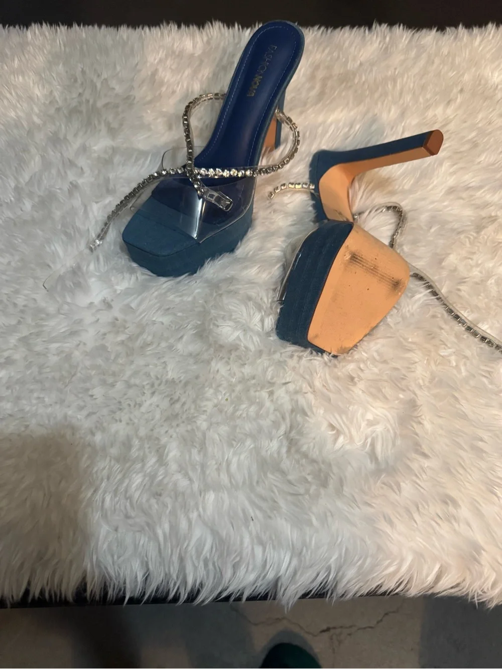 Fashion Nova Navy Blue Platform Stiletto Sandals with Rhinestone Wrap
